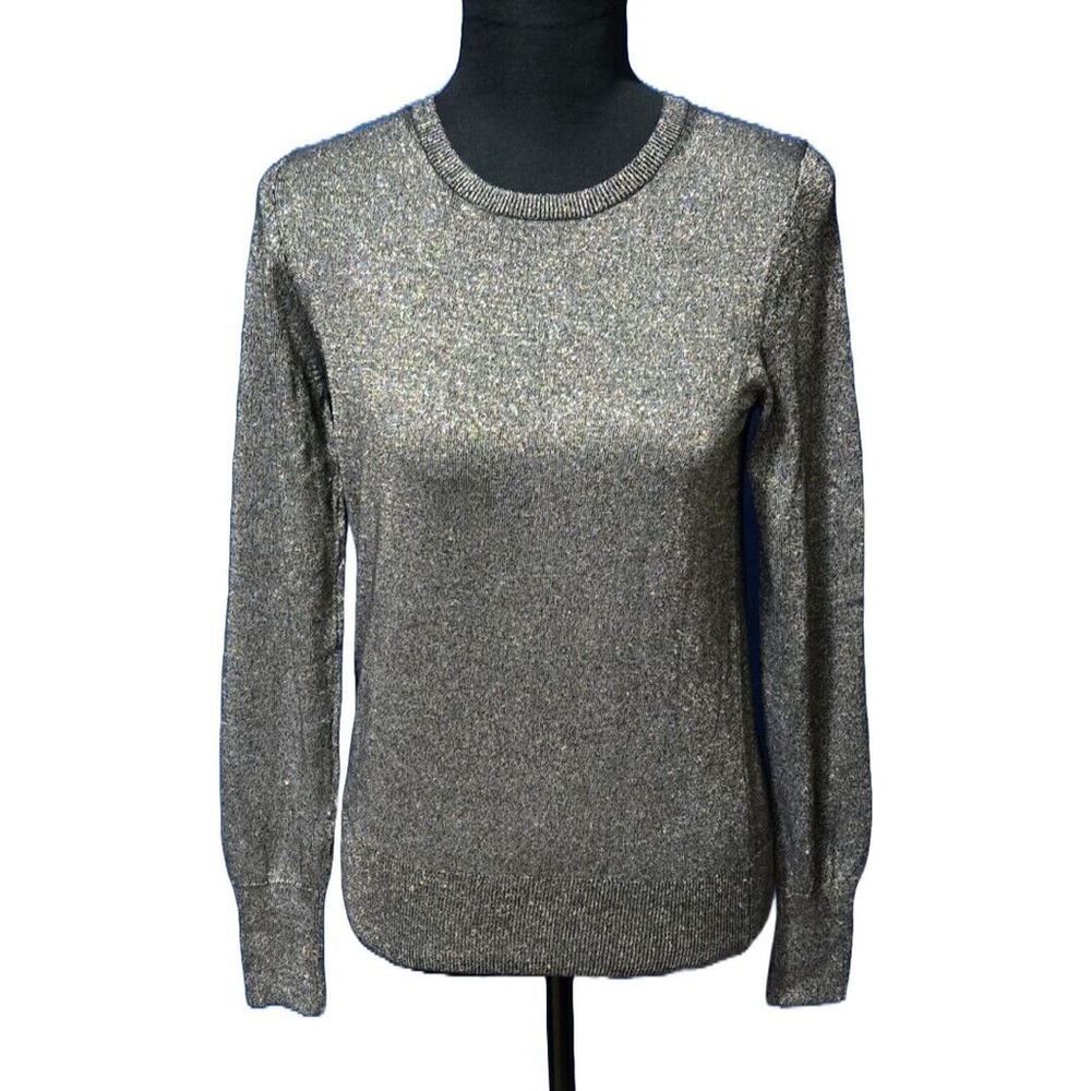 Ann Taylor Silver Metallic Long Sleeve Knit Crew Neck Sweater Small Sparkle NWT